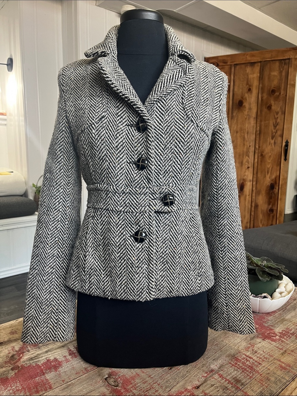 Costa Blanca Black and White Herringbone Peplum Blazer